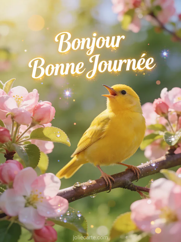 Canari jaune chantant sur une branche de pommier en fleurs roses avec rosée du matin
