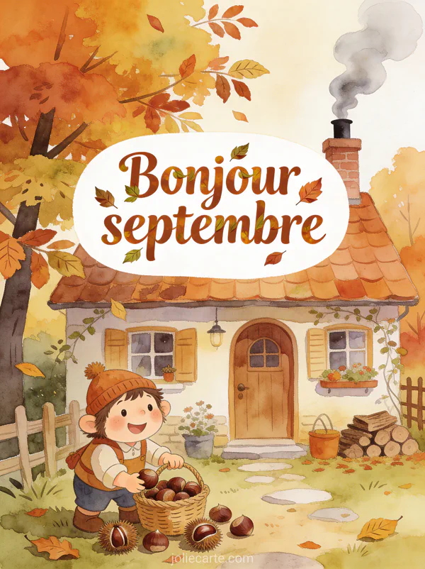 Illustration aquarelle d'un tamia ramassant des châtaignes près d'un cottage automnal