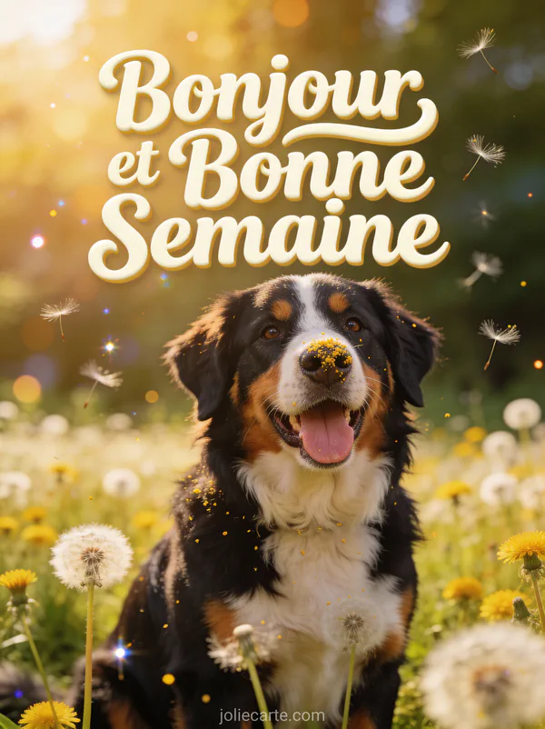 Bouvier bernois langue tirée dans les pissenlits avec pollen sur le nez, photo bonjour bonne semaine