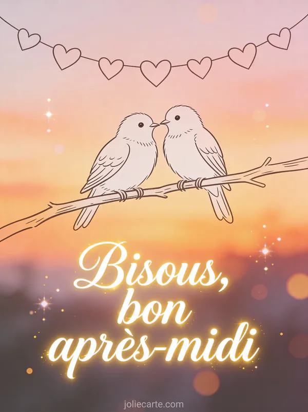 Illustration de deux mésanges sur une branche avec guirlande de coeurs au coucher du soleil