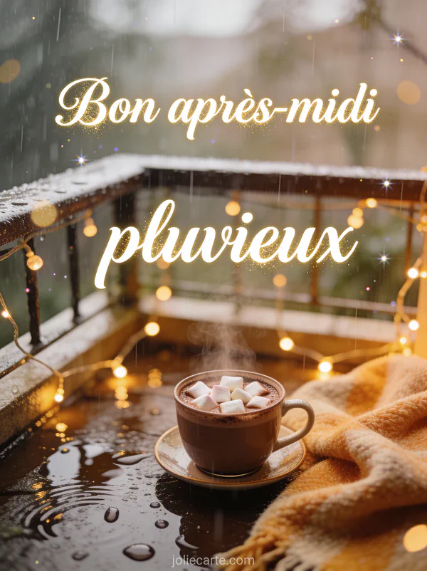 Chocolat chaud aux marshmallows avec plaid et guirlandes sous la pluie
