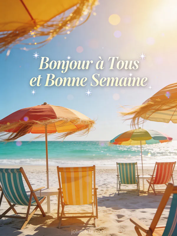 Plage avec parasols colorés et transats face à mer turquoise, photo bonjour bonne semaine