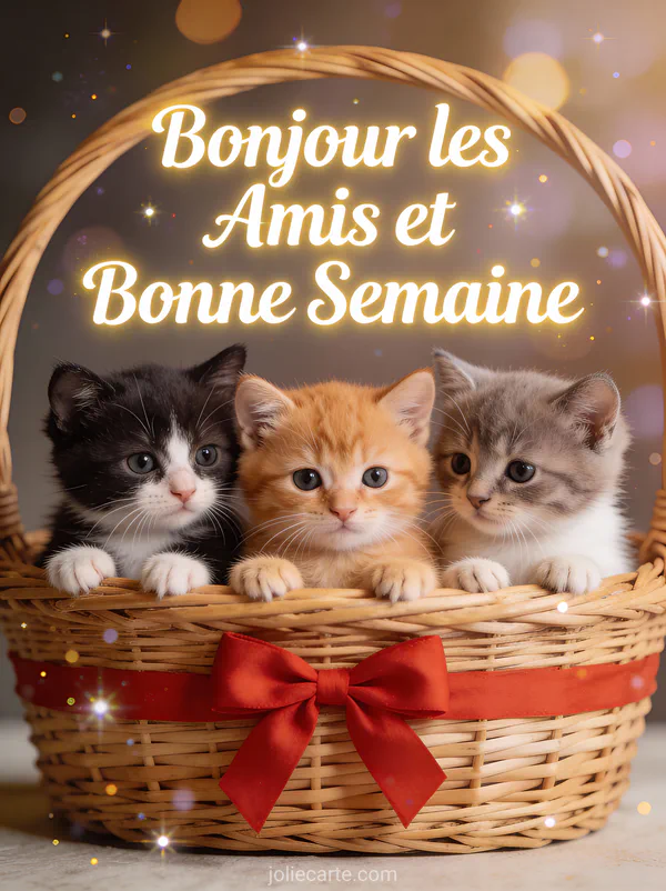 Trois chatons de couleurs différentes dans panier en osier avec noeud rouge, photo bonjour bonne semaine