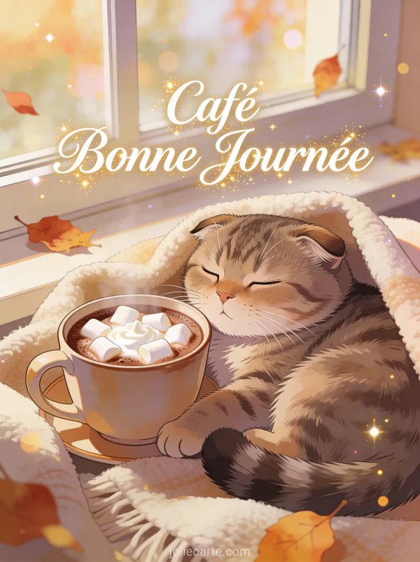 Chat Scottish Fold dormant près d'une tasse de chocolat chaud avec guimauves et couverture