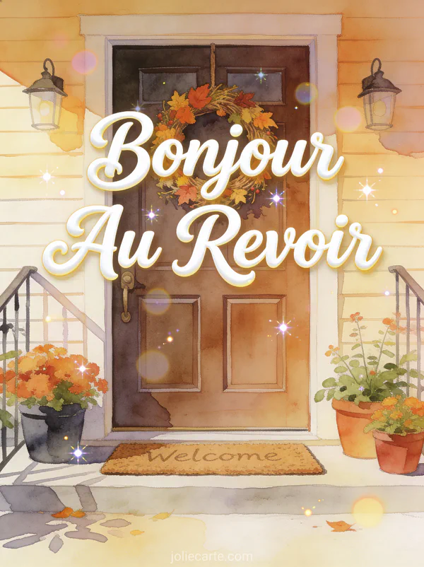 Illustration aquarelle d'une entrée accueillante avec paillasson, plantes et couronne