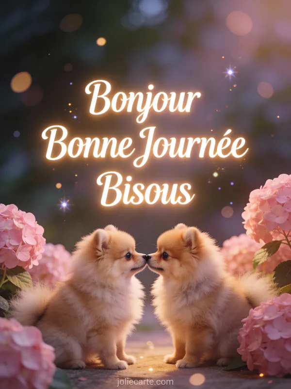 Deux chiots Spitz nains se touchant le nez parmi les hortensias roses