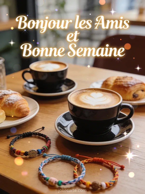 Deux tasses de café avec latte art et viennoiseries dans un café cosy, photo bonjour amis bonne semaine