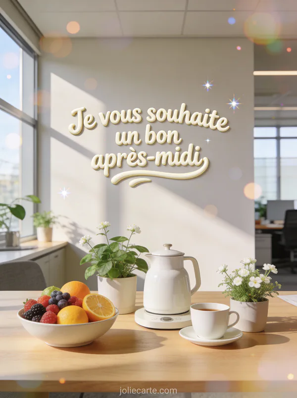 Espace pause café design scandinave avec fruits frais et plantes vertes
