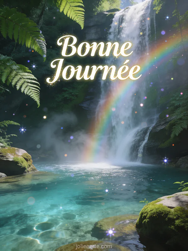 Cascade cristalline avec arc-en-ciel tombant dans un bassin entouré de fougères et mousse