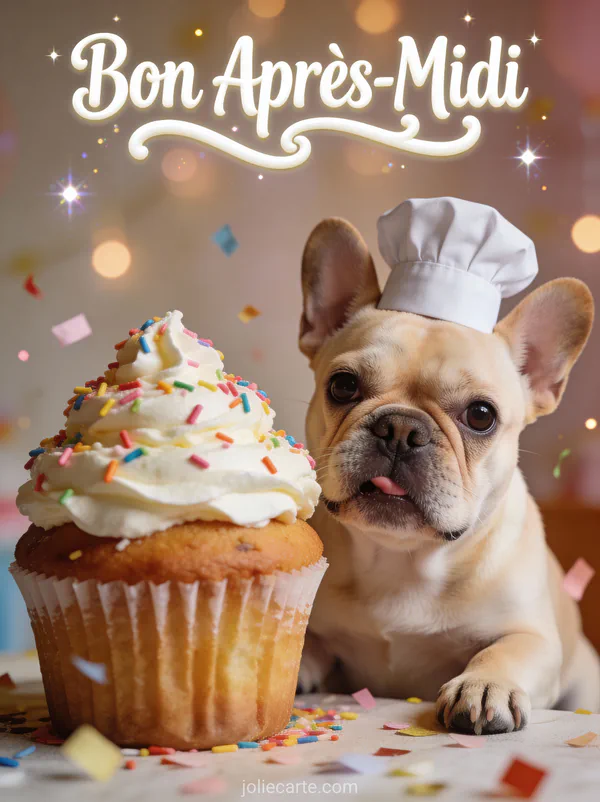 Bouledogue français avec toque de chef devant un cupcake géant et confettis