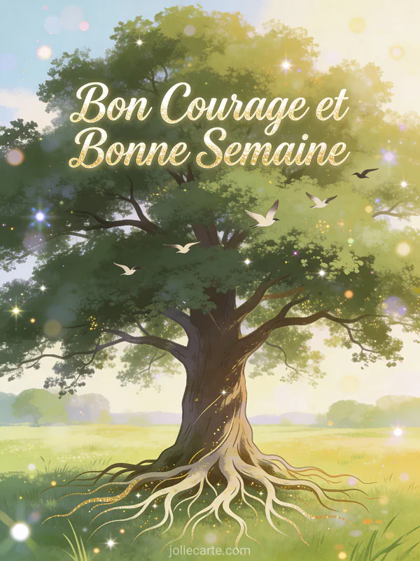 Chêne majestueux avec racines profondes dans une prairie avec oiseaux, illustration bon courage bonne semaine