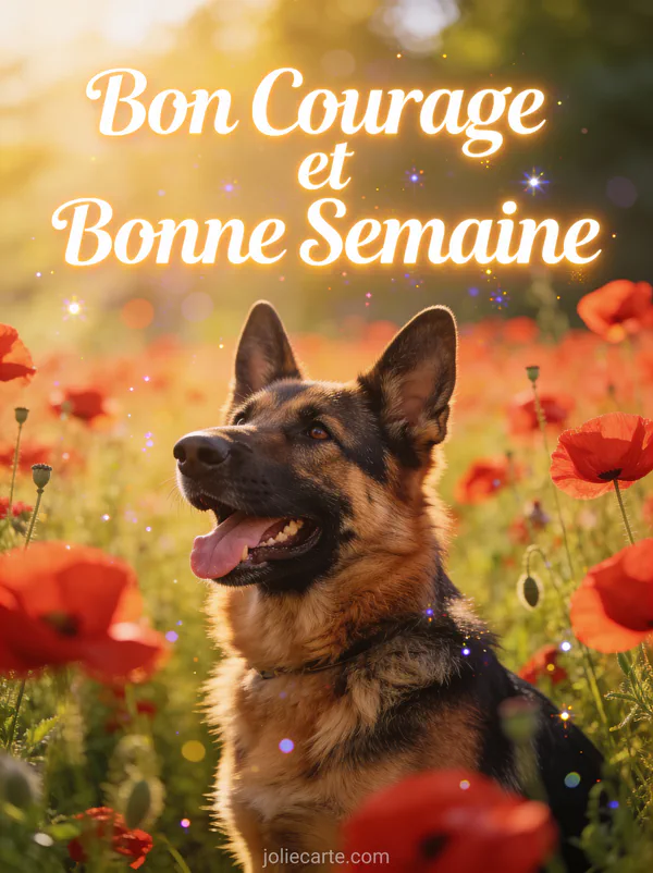 Berger allemand joyeux dans un champ de coquelicots au soleil, photo bon courage bonne semaine