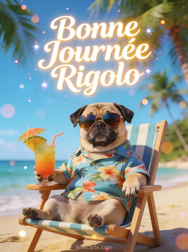 Carlin drôle avec lunettes de soleil et chemise hawaïenne sur chaise de plage avec cocktail