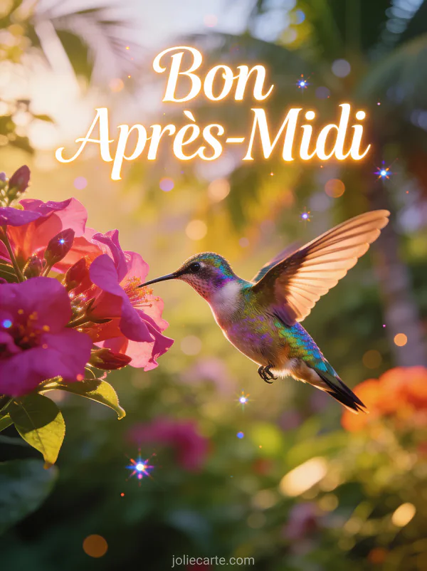 Colibri aux plumes irisées en vol devant des fleurs de fuchsia tropicales