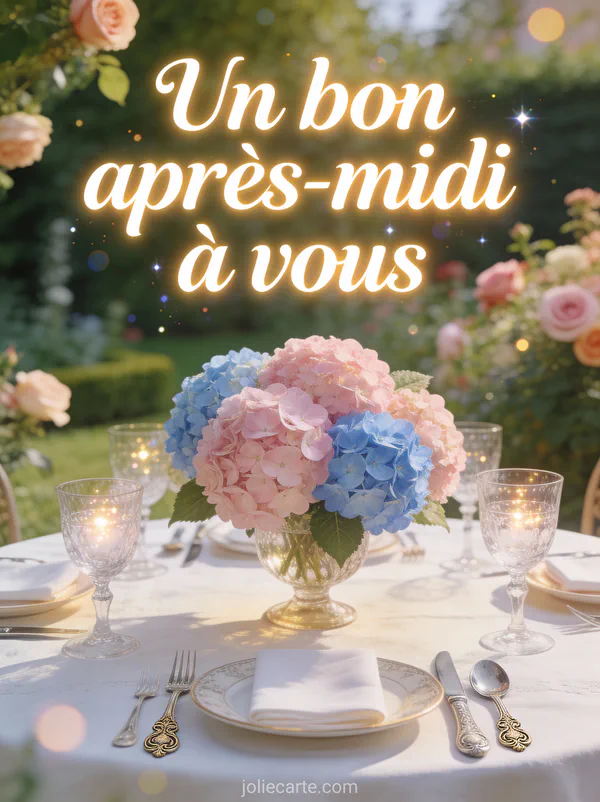 Table de garden party élégante avec hortensias, cristal et argenterie au jardin