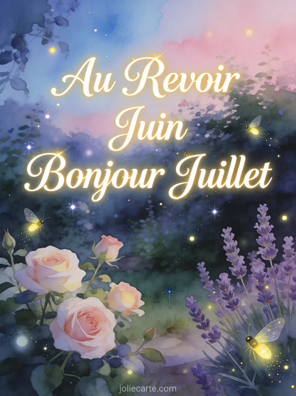 Illustration aquarelle de lucioles brillant dans un jardin de roses et de lavande