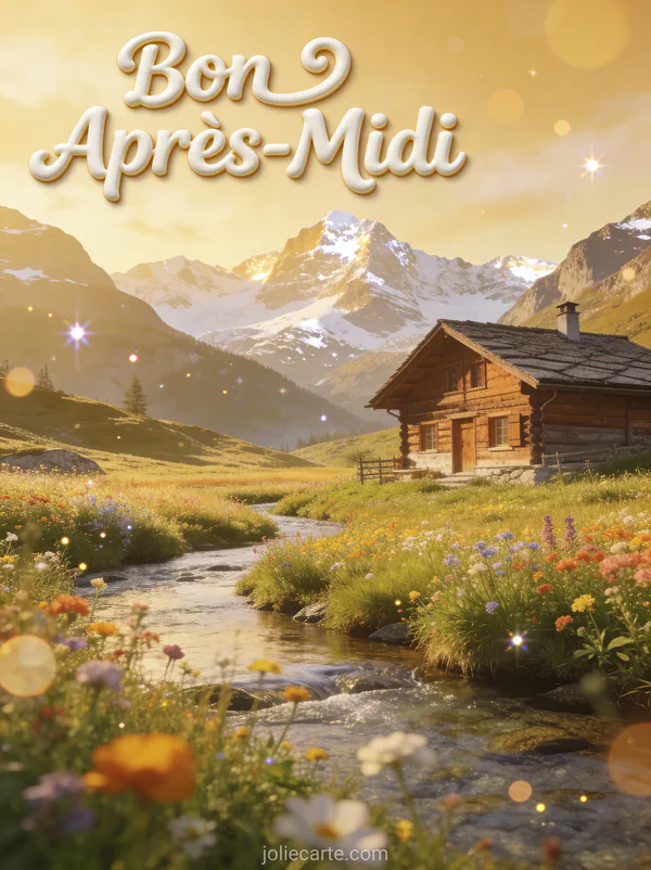 Prairie alpine fleurie avec chalet en bois et montagnes enneigées des Alpes suisses