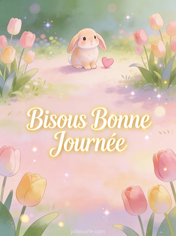 Bébé lapin aux oreilles tombantes avec petit coeur rose dans un jardin de tulipes