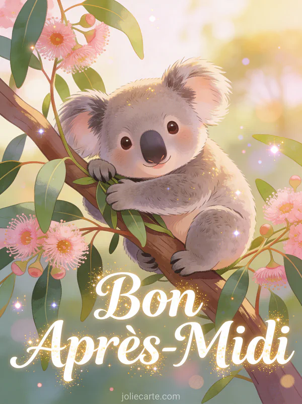 Illustration d'un koala câlinant une branche d'eucalyptus avec fleurs de gommier roses