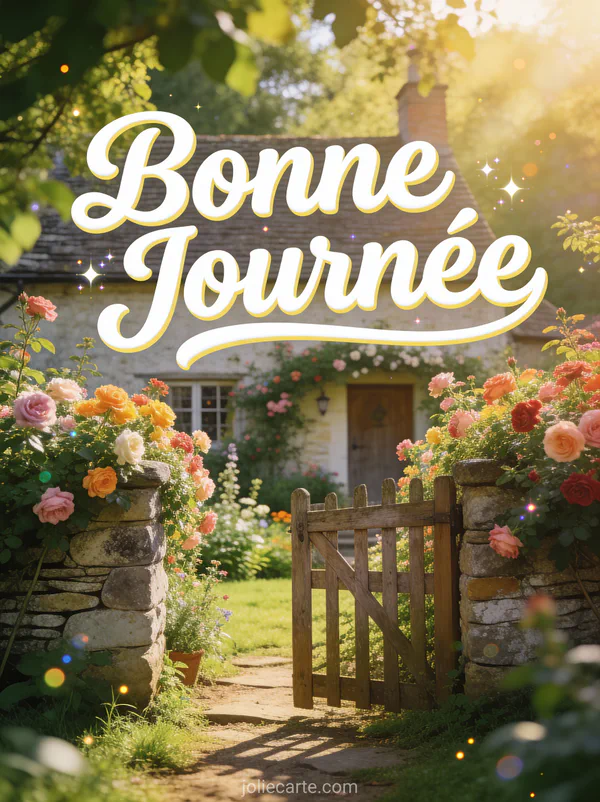 Jardin de cottage anglais avec roses grimpantes sur mur de pierre et portail en bois