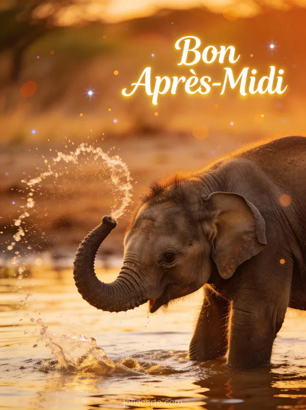 Bébé éléphant jouant et s'aspergeant d'eau dans la savane africaine au coucher du soleil