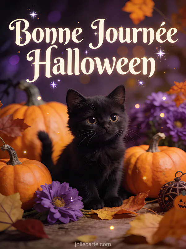 Chat noir mignon parmi les citrouilles orange et fleurs violettes avec décorations Halloween