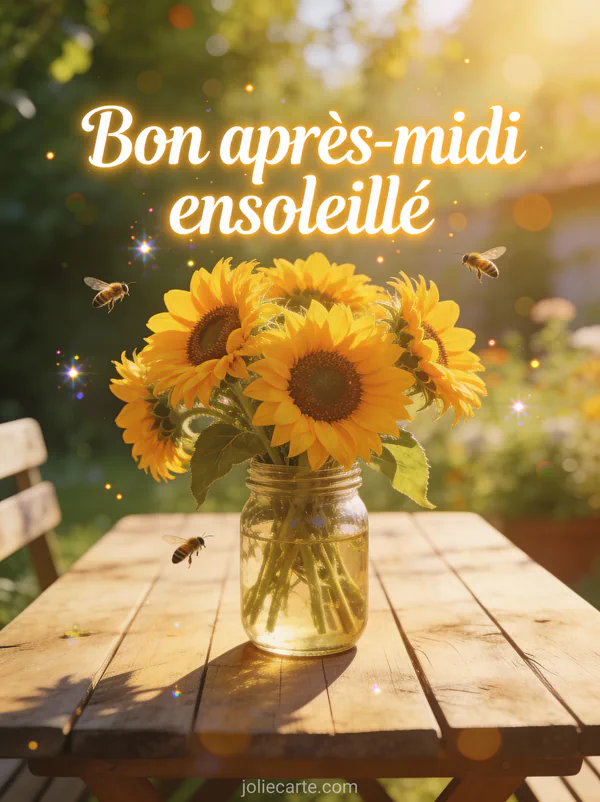 Bouquet de tournesols dans un bocal Mason avec abeilles au jardin ensoleillé