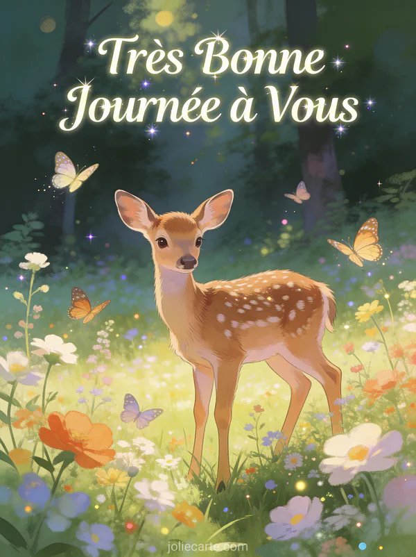 Faon délicat dans une prairie fleurie avec papillons et lumière tamisée de forêt