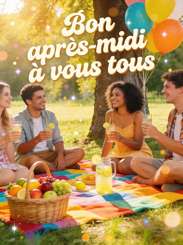 Pique-nique festif avec couverture colorée, fruits, limonade et ballons au soleil