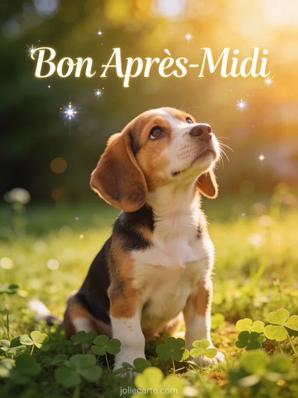 Chiot Beagle aux yeux tendres assis dans les trèfles au soleil