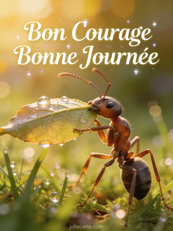 Fourmi déterminée portant une grande feuille dans l'herbe couverte de rosée matinale