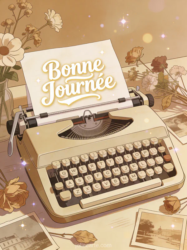 Machine à écrire vintage avec papier fleurs séchées et photos anciennes ambiance nostalgique