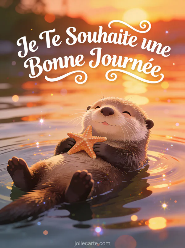 Loutre flottant sur le dos avec étoile de mer dans eau calme au coucher du soleil