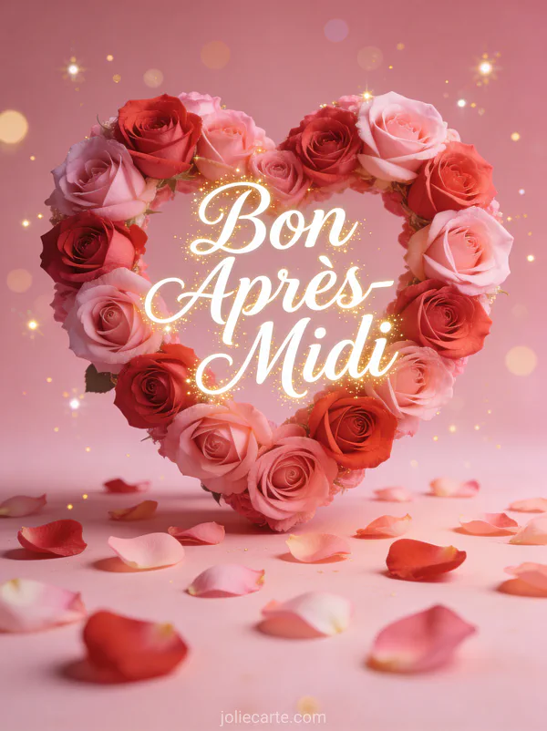 Roses roses et rouges formant un coeur avec pétales éparpillés sur fond rose