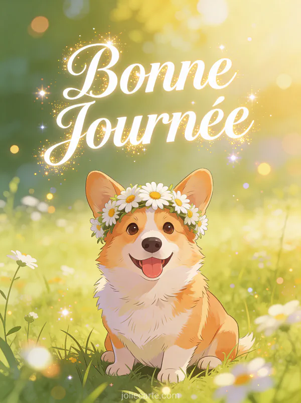 Corgi Pembroke joyeux avec couronne de marguerites dans une prairie au soleil