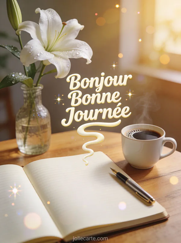 Carnet ouvert avec stylo plume café fumant et lys blanc dans un vase au matin