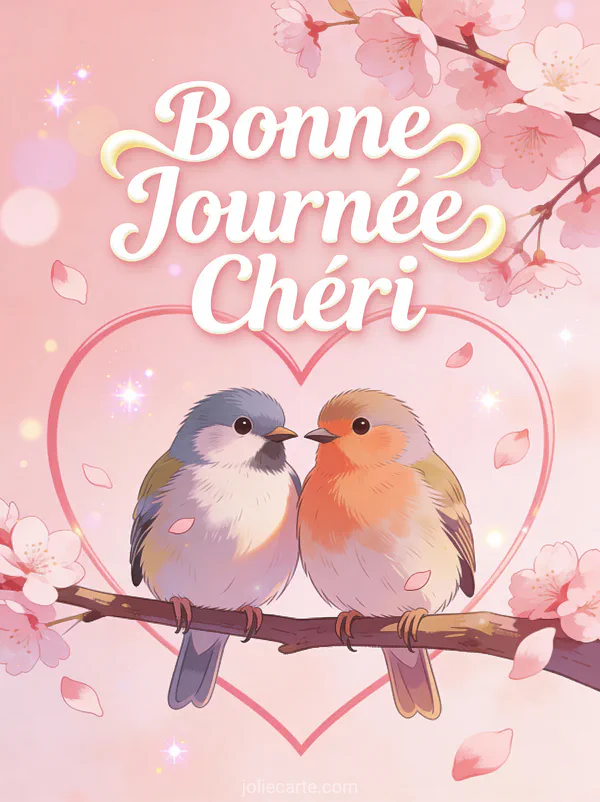 Deux inséparables amoureux sur branche en forme de coeur avec pétales de cerisier roses