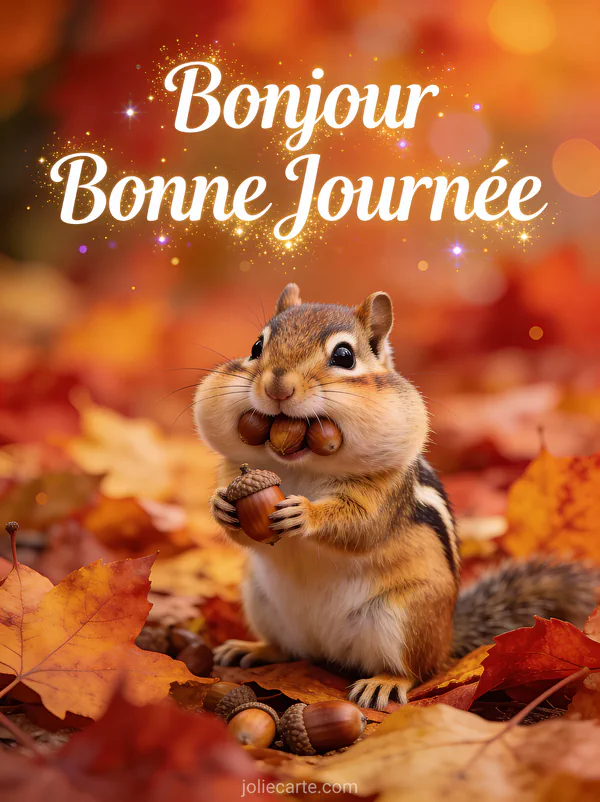 Tamia aux joues pleines tenant un gland sur tapis de feuilles d'automne colorées