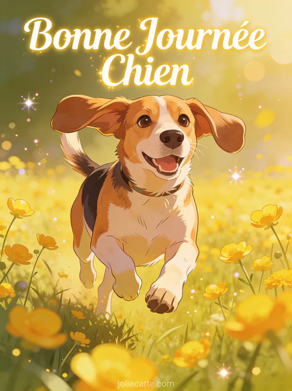 Beagle heureux courant dans un champ de boutons d'or jaunes oreilles au vent