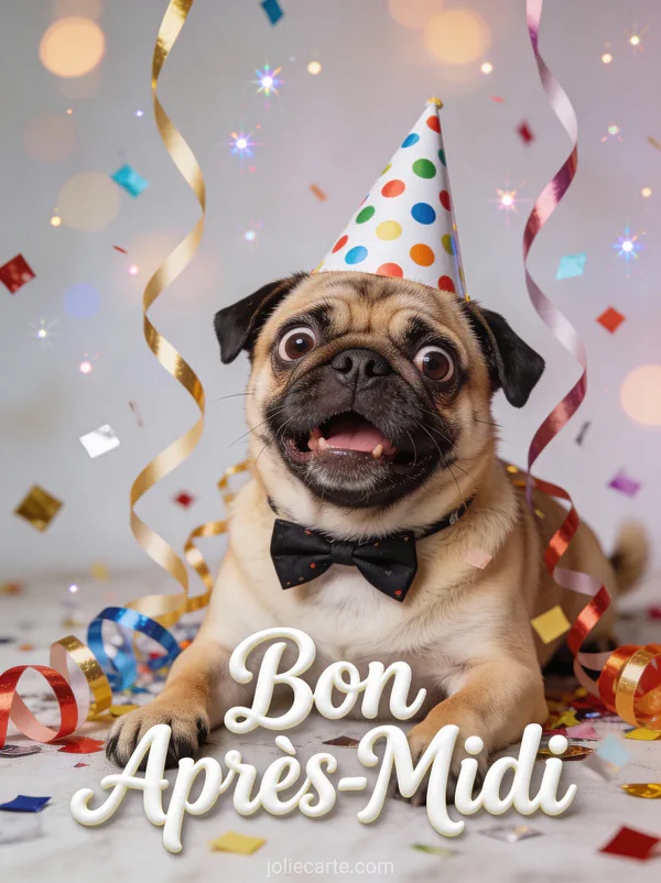 Carlin portant un chapeau de fête et noeud papillon avec confettis