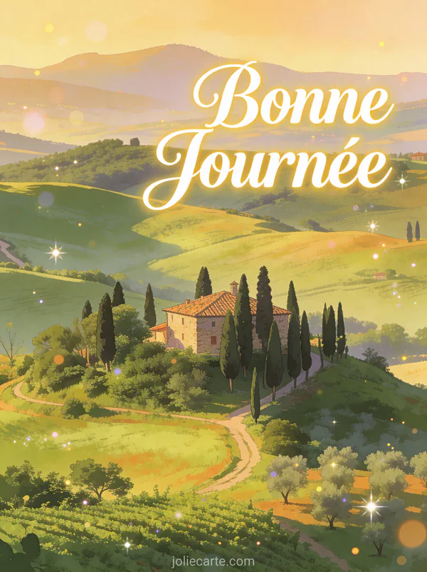 Paysage de Toscane avec collines vertes cyprès et ferme italienne à l'heure dorée