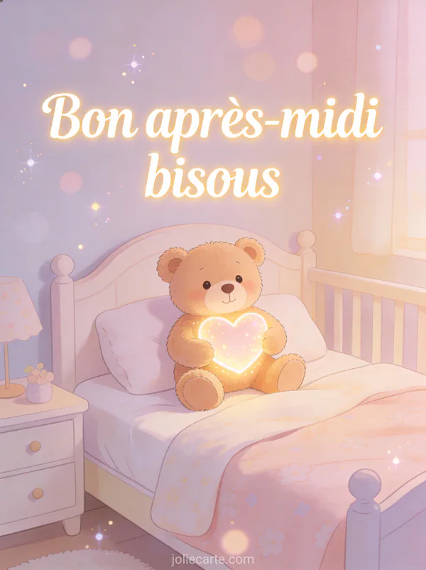 Illustration d'un ours en peluche tenant un coeur lumineux en couleurs pastel