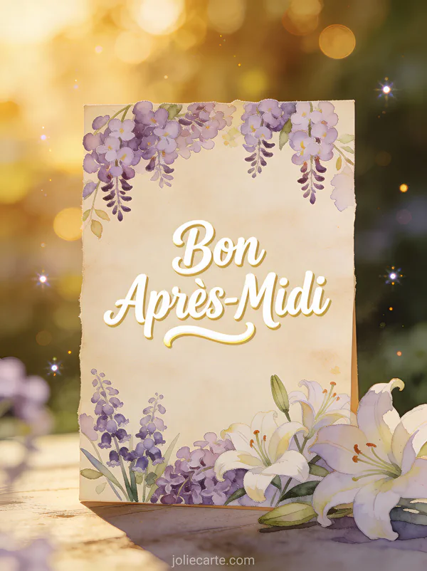 Carte de voeux élégante avec bordure aquarelle de lilas et lys sur papier vintage