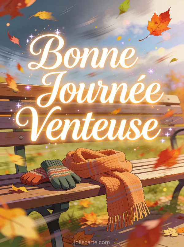 Feuilles d'automne colorées tourbillonnant dans le vent avec écharpe et moufles sur banc