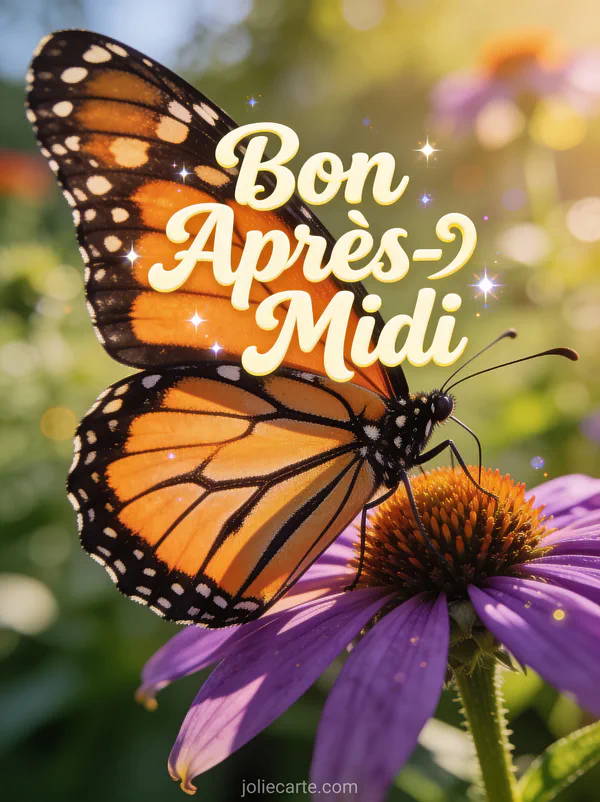 Papillon monarque posé sur une échinacée pourpre en macro avec bokeh de jardin