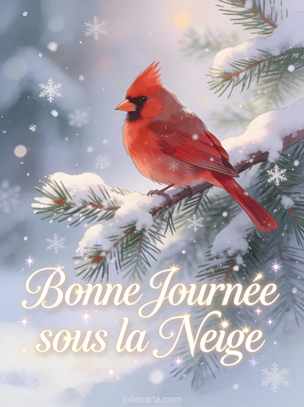Cardinal rouge sur branche de sapin enneigée avec flocons qui tombent