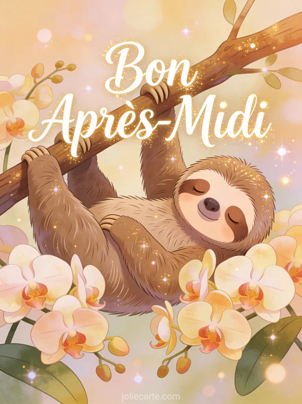 Illustration d'un paresseux somnolent suspendu à une branche parmi des orchidées tropicales