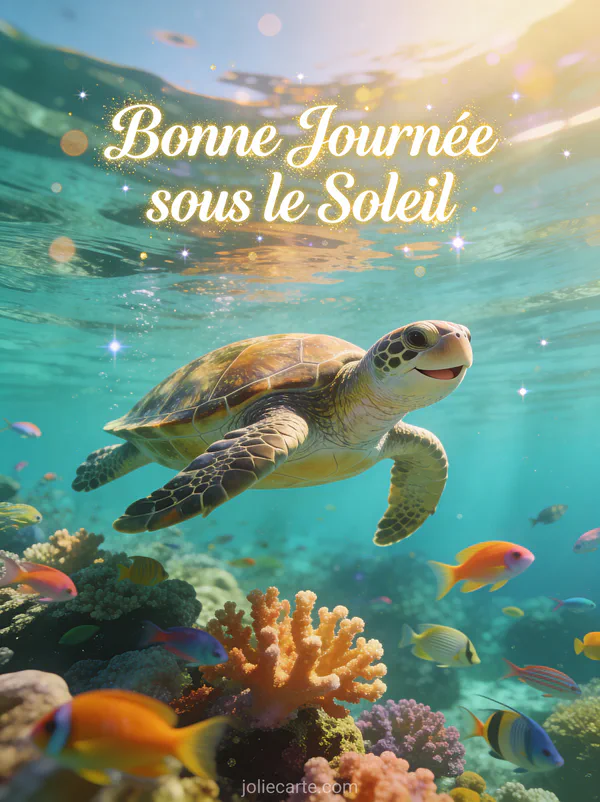Tortue de mer nageant dans eau turquoise cristalline avec poissons et récif corallien