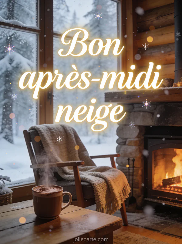 Intérieur de chalet avec chocolat chaud, plaid et vue sur forêt enneigée