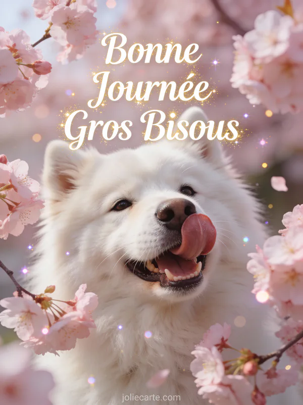 Samoyède blanc souriant parmi les cerisiers en fleurs roses prêt à faire un bisou